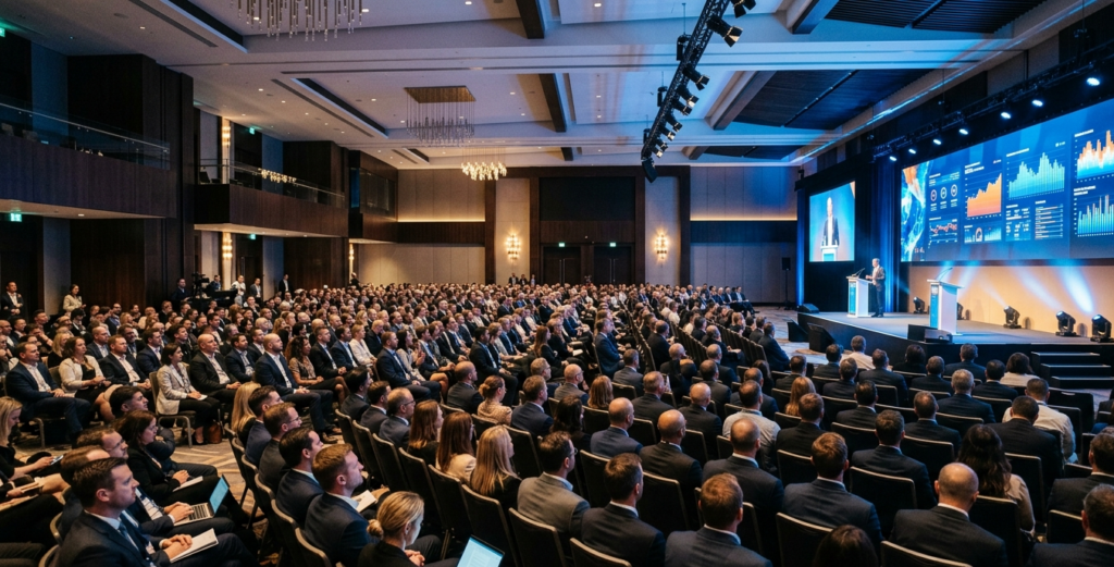 Wide view of a large conference hall with seated business audience