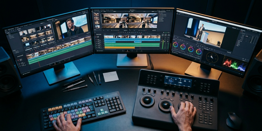 editor cutting between multiple camera angles in post-production